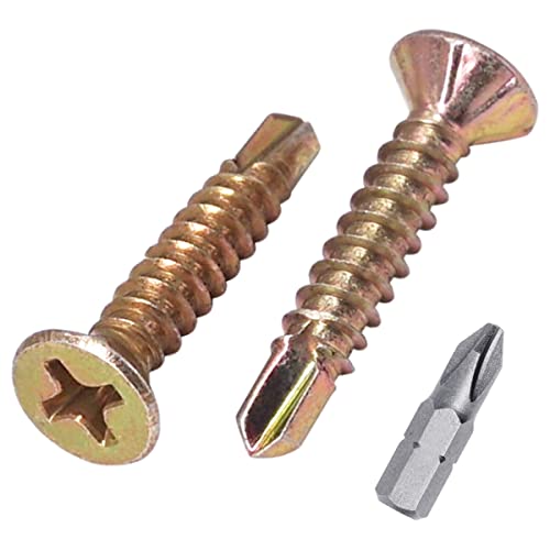 SKIR'CO (Pack of 100 pcs) DIN 7504 P Zinc Plated Yellow 3.9 x 22 mm Self Drilling Screws for Metal Countersunk Phillips Head