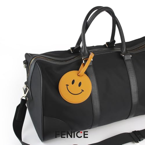 FENICE Vegan PU Leather Smiley Face Name Tag with Belt Buckle Strap Closure for Suitcase Luggage Tavel Bag (Yellow-Smile)3