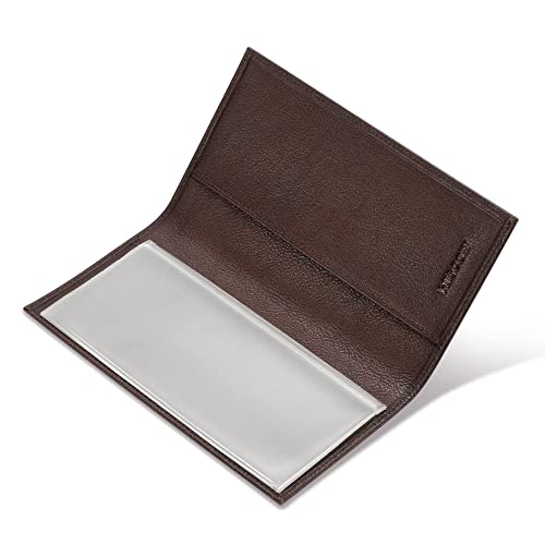 Image of HISCOW Slim Leather Checkbook Cover for Personal Checks, Coffee Vegetable-Tanned Leather, One Size, Minimalist | Full grain cowhide, transaction register & check book pockets, removable duplicate divider, durable stitching, gifts for men