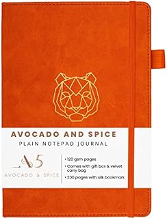 A5 Notepad Plain Paper Notebook by Avocado and Spice® with Gift Box & Velvet Bag - Sketchbook A5 Hard Back Notebook - Elastic Strap, Pen Holder, 200 Thick Pages A5 Journal Notebook (Orange, Plain)