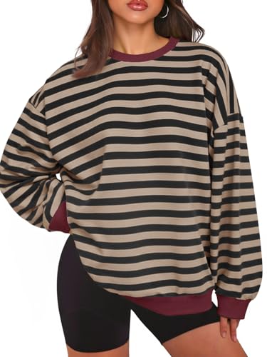 Tankaneo Womens Oversized Color Block Sweatshirts Striped Crew Neck Fall Tops Loose Fit Long Sleeve Pullover Shirts