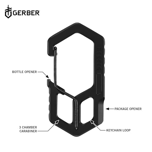 Gerber Multi-Tool und Schlüsselanhänger, Carabiner, 3-Kammer-Karabiner mit Verpackungsöffner und Flaschenöffner, Länge: 6,1 cm, Gewicht: 18 g, Edelstahl, Schwarz, 1075355
