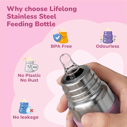 Image of Lifelong Stainless Steel Feeding Bottle 250 ML | Anti Colic with Silicone Sleeve | Food Grade SS304 Milk, Water Feeder Bottles for Newborn Baby with BPA Free Nipples | Leakproof, Durable Bottle (Pink)