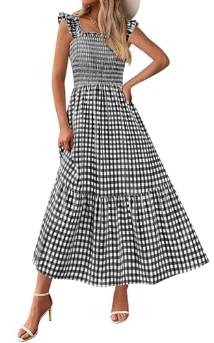 PRETTYGARDEN Women's Summer Dress Casual Square Neck Ruffle Strap Gingham Smocked Midi Flowy A Line Beach Vacation Sun Dresses 2025 (Black White, XL)