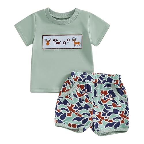 Baby Boy Hunting Outfits Duck Deer Embroidery Short Sleeve T-Shirt Jungle Camo Shorts Set Toddler Summer Clothes