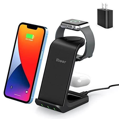 Wireless Phone Charger,ikeer 3 in 1 15W Fast Wireless Charging Station Dock,for iWatch2/3/4/5/6/SE,for Airpods 2/Pro and iPhone13/13 ProMax/13Mini/12/11/X/8/Samsung Galaxy S21/Note 20(Adapter Include)