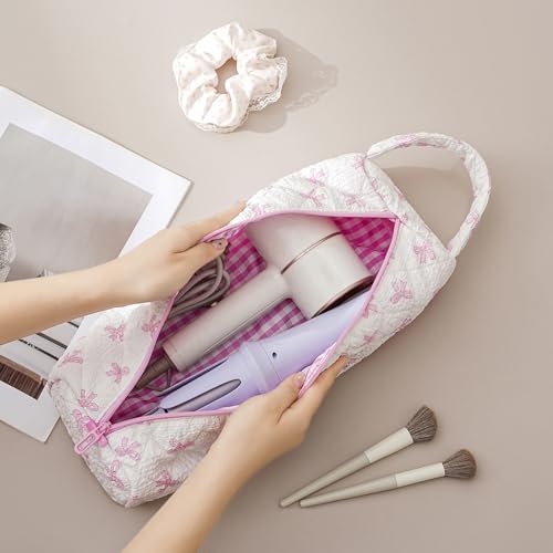 Image of RSRSLEII Quilted Hair Tools Travel Bag,Hair Styling Accessories Storage Case for Shark FlexStyle, Dyson Airwrap Hair Dryer, Curling Iron, Revlon Hair Tools,Portable and foldable(01Pink Bow)