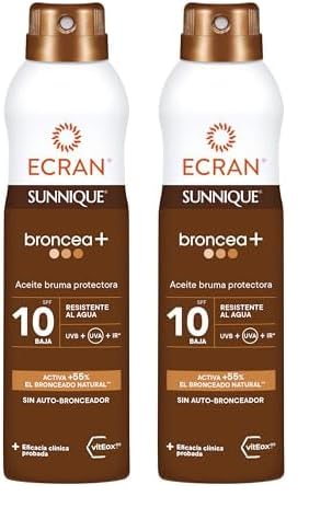 Ecran Sunnique - Bruma Aceite Protector FPS 10, Protección UVB + UVA e IR-A, Resistente al Agua, Con Tecnología Pure Bronze y VitEox 80, Activa el Bronceado Natural, Sin Autobronceador - 250 ml
