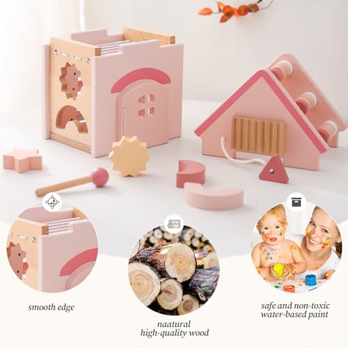 WOODEN TEETHER Motorikwürfel aus Holz, 5-in-1 Montessori Spielzeug Baby, Motorikspielzeug für Baby, Spielzeug Motorikschleife, Holzspielzeug ab 1 Jahr, Activity Center, Geschenke für Mädchen