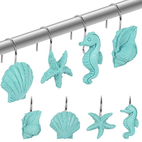 Anydesign 12Pcs Beach Shower Curtain Hooks Morandi Blue Seashell Starfish Conch Seahorse Decorative Resin Curtain Hanger Hooks Ocean Themed Rings For Bathroom Bedroom Living Room Decor, 4 Design #TOP24