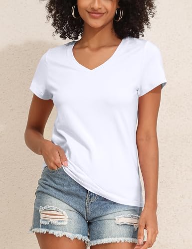 PrettyGuide Women's Tops Cotton Jersey Short Sleeve V Neck T Shirts Trendy Casual Loose Fit Summer Basic Cotton Tops Tee3