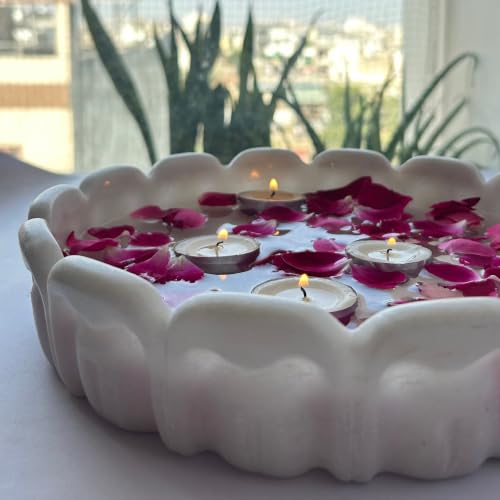 Image of Marble Urli Bowl for Decoration | Big Potpourri Decorative Bowls in Home decor | Large White Floating Flower Plates of Stone | Small Shape puja Item | (12 inch, Crown Jewel)