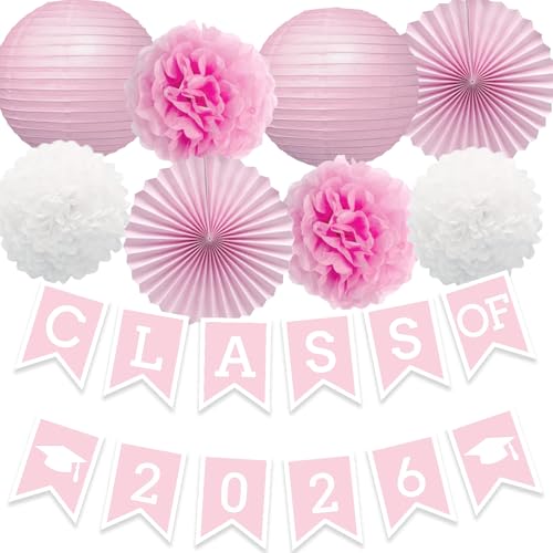 Image of Pink Graduation Party Decoration Class Banner Hanging Pom Poms Flowers High School College Grad Supplies