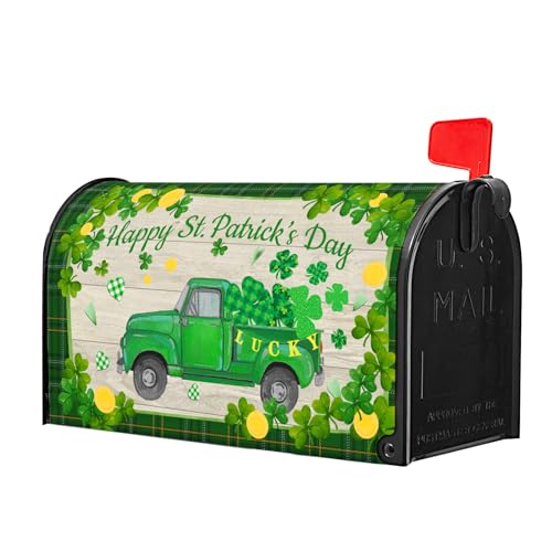 Image of St Patrick's Day Mailbox Cover Green Truck Mailbox Covers Magnetic Standard Size 18 X 21 Inch Green Shamrocks Mailbox Wraps Holiday Post Letter Box Cover for Garden Yard Outside Decor