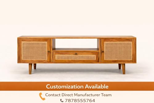 Image of Premium Solid Wood, 10 Minutes Assembly (Legs Only), Aesthetic Rattan Doors, Mid Century Entertainment Center for Living Room, TV Stand for 65 inch TV, Dark Chocolate (Unipue Natural)
