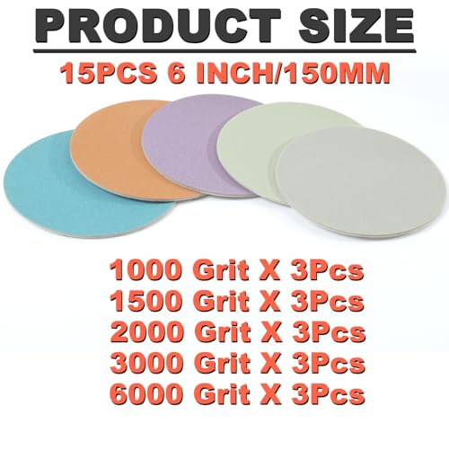 Image of 6 Inch Foam Sanding Discs: 15Pcs 1000 /1500 /2000 /3000 /6000 Grit Hook & Loop Wet Dry Performance Sand Paper for Orbital Sander, Round Sandpaper Replacement Pad for Automotive Polishing /Finishing