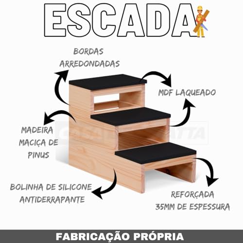 Escada Rampa Cães Gatos 3 Degraus Madeira Subir Cama Preto