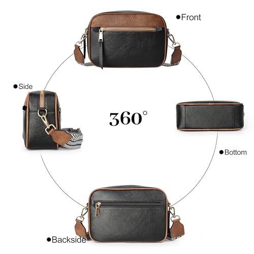 Small Crossbody Bag for Women Triple Pockets Vegan Leather Shoulder Camera Purse with Long Guitar Strap4