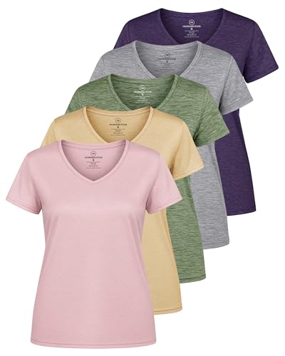 Image of Real Essentials 5 Pack: Women's Dry-Fit Short Sleeve V Neck T Shirt Workout Fitness Yoga Top Tee (Available in Plus Size)