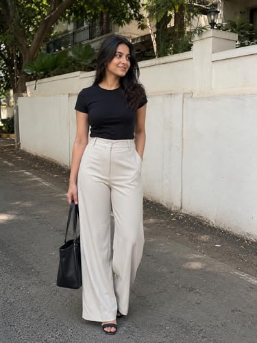 Image of Korean Pants for Woman | High Waist Wide Leg Trouser | Formal Office Casual Wear | Zero See-Through Semi-Stretchable Fabric