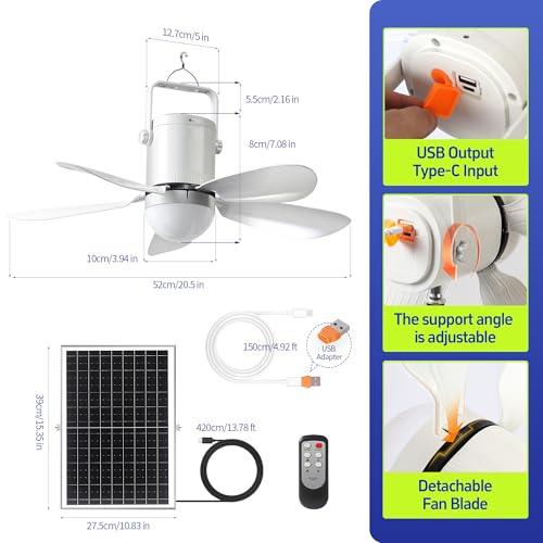 Image of Solar Ceiling Fan with Light, 21600mAh Rechargeable Battery & 25W Solar Panel, DC Brushless Quiet Fan, RF Remote Control, for Gazebo, Patio, Camping Tent, Garage, RV, Emergency Use