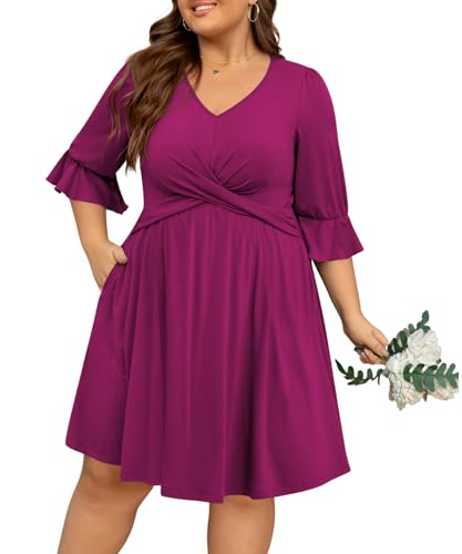 Image of Manllenshie Women's Plus Size 2 Pockets Dresses 3 /4 Ruffle Sleeve V Neck Crossover Flowy Pleats Casual Fall Loose Dress