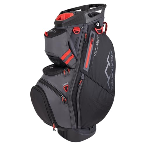Sun Mountain Men's C130 Lightweight Cart Golf Bag 14-Way Top - 11 Pockets, Smart Dual Strap System, Push-Electric-Riding Cart Compatible Compression Base, 2025 Model - Steel-Black-Red