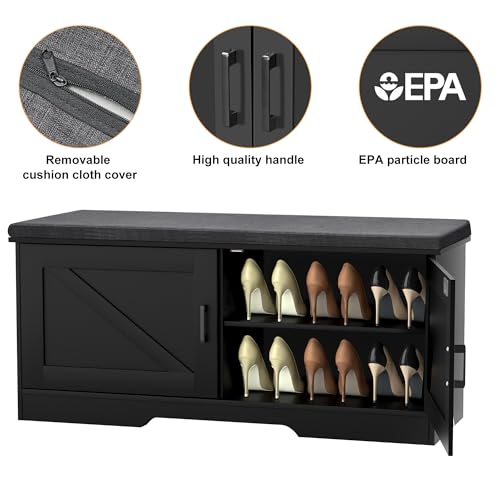 2-Tier-Storage-Bench-Shoe-Bench-with-Padded-Seat-Cushion-Entryway-Bench-with-2-Barn-Doors-Adjustable-Shelf-138-D-x-394-W-x-177-H-for-Entryway-Living-Room-Bedroom-Black 2 Tier Storage Bench Shoe Bench with Padded Seat Cushion Entryway Bench with 2 Barn Doors Adjustable Shelf 138 D x 394 W x 177 H for Entryway Living Room Bedroom Black