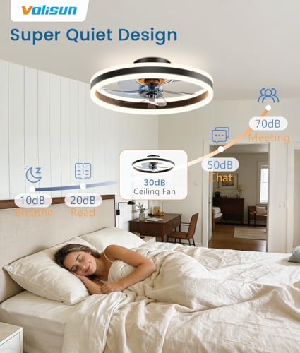 Image of VOLISUN Low Profile Ceiling Fans with Lights and Remote, 20in Flush Mount Ceiling Fans with Light, 3000K-6500K Dimmable Fandelier LED Fan Light, Black Bladeless Ceiling Fans with Lights for Bedroom