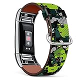 Mingdao Compatible with Fitbit Charge 2 , Patterned Leather Replacement Band , (Green Camouflage Puzzle)