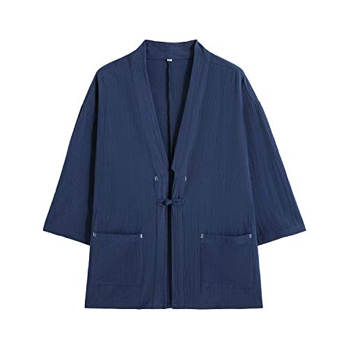 Image of Mens Japanese Kimono Cardigan Cotton Linen Haori Fashion 3 /4 Sleeve Yukata | Shawl Collar Kimono Jacket Robe Embroidery Patchwork Happi Coat Tie Pockets Lightweight Outerwear Daily Casual All Seasons