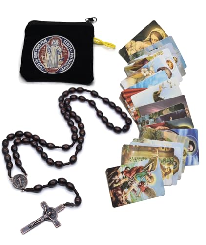 SZQCZB Wooden Rosary Beads Catholic for Men, Saint Benedict Medal and Cross - Comes in Gift Pouch and 18pcs Prayer Cards