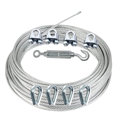 Image of Stainless Steel Cable Wire Rope for Hoisting, (20 Mtrs Length with 4 Uclamp 4 Thimble 1 Turnbuckle, 3 MM Diameter)