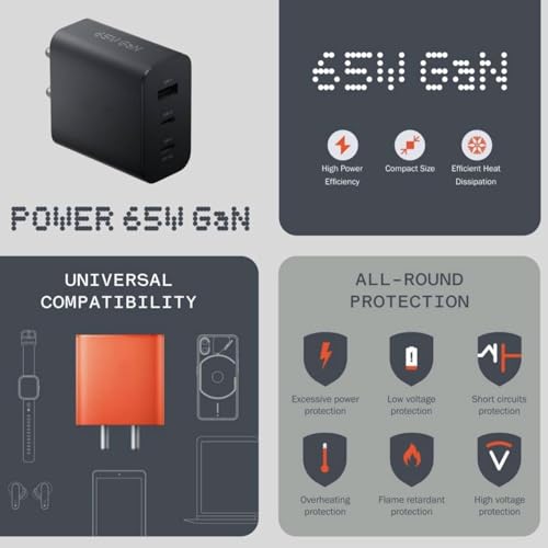 Image of 65W Gan Trio Charger Adapter | 3 Port USB Type C to A Fast Wall Charging Adaptor | Compatible with phone (4a) Pro, (4a), (3a) Lite, (3a) Pro, (3), 2 Pro, (2a) Plus, (2a), (2), 1,2 pro | Orange
