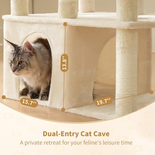 Image of Heybly Cat Tree, 71-Inch Tall Cat Tower for Large Maine Coon Cats with Extra-Large Baseboard, Cat Condo Furniture with Multi-Level Platforms, 2 Hammocks and 12 Scratching Posts, Beige HCT037M