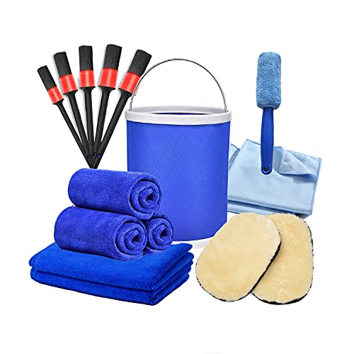 GERMUN 洗車用品 16点 洗車セット 洗車 タオル 車 タオル[ 拭き上げ用 マイクロファイバークロス 3枚 ワックスクロス 2枚 窓ガラス用クロス 2枚 洗車 グローブ 2個 洗車ブラシ 5本 バケツ ホイールブラシ 1本 ] (16点 バケツ付き, 青)