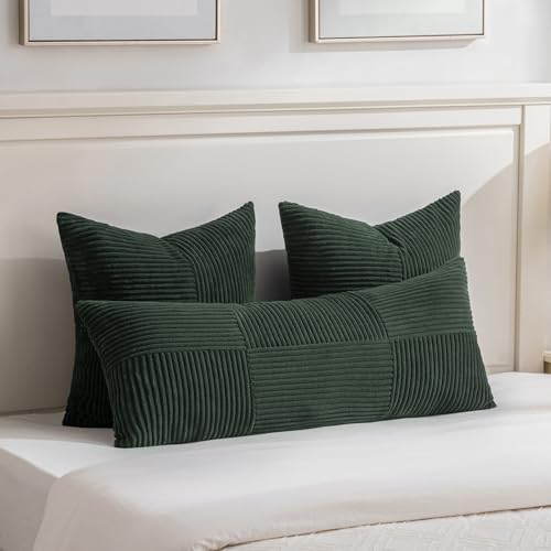 Image of Fancy Homi Set of 2 Dark Green Boho Long Lumbar Body Decorative Throw Pillow Cover 14x36 Inch for Bed Couch Bedroom Bench, Soft Patchwork Corduroy Textured Pillow Case, Rustic Farmhouse Room Decor