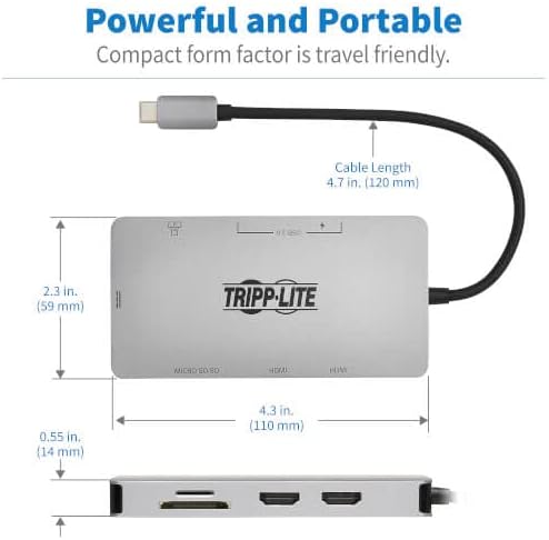 Tripp Lite USB-C Two-Monitor HDMI Laptop/Phone Docking Station, 4K @ 60 Hz (4:4:4), USB-A Hub, Gigabit Network Port, SD & MicroSD Memory Card, 100W USB-C Charging, 3-Year Warranty (U442-DOCK8G-GG) image 5