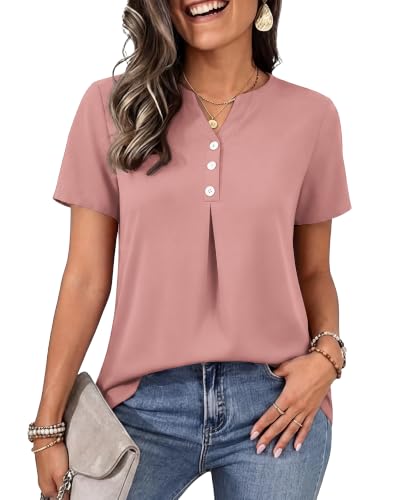 Askyes Womens Chiffon Blouses 2024 Plus Size Henley Shirts V-Neck Work T-Shirts Tops for Women,Pink,3XL — view 2