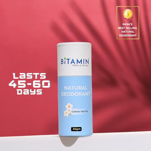 Image of Bitamin Natural Deodorant Underarm Roll On with 5% Vitamin C | Natural Deodorant for Men & Women | Made in India | No Aluminium, No Alcohol, No Parabens & No Triclosan | 8 Hour Odour Control | Cotton Vanilla - 30g (Pack of 1)
