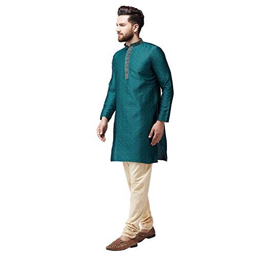 Image of SOJANYA (Since 1958 Mens Maroon Jacquard Silk Kurta and Black Churidaar Pyjama Set