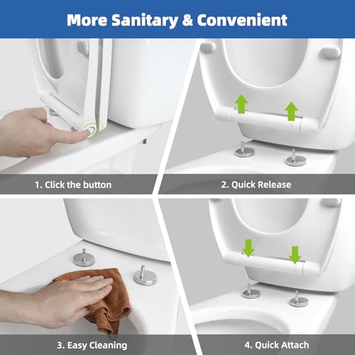 Image of Universal Elongated Toilet Seat Softclose Cover, One-Click to Quick Release | Compatible with TOTO /Gerber /Kohler Oval Toilet Seats, 2-Pack Toilet Bolts and Nuts, Non-Slip Toilet Bumpers, White