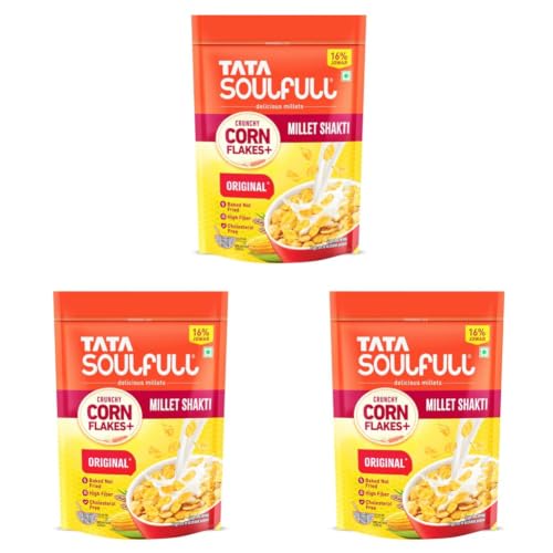 Image of Tata Soulfull Corn Flakes+, Original*, Crunchy Corn & Millets, Baked Not Fried, Cholesterol Free, High Fiber, Wholesome Breakfast Cereal, Quick & Easy, 475g (Pack of 3)