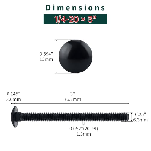 Image of 1 /4-20 x 3 Black Carriage Bolts with Nuts and Washers Kits (10 Sets), 304 Stainless Steel 18 /8, Black Finish, Round Head, Square Neck, Heavy Duty Bolts, Indoor Outdoor Fastening Bolts, Fayeploo
