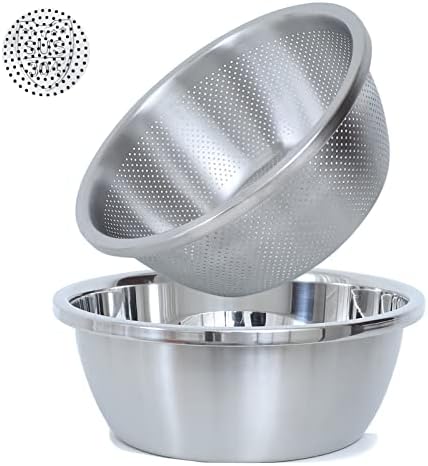 304 Stainless Steel Microporous Colander, 2-Qt Large Capacity with Mixing Bowl For washing vegetables, fruit and rice and for draining cooked pasta. (2PC) (2QT)
