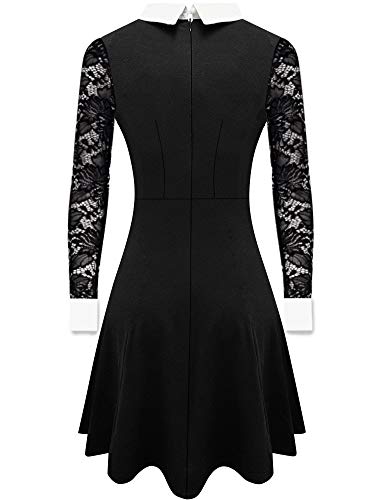 Lace Sleeve Dresses Women Wednesday Addams Dress Pater Pan Collar Fit and Flare Skater Cocktail Dresses M