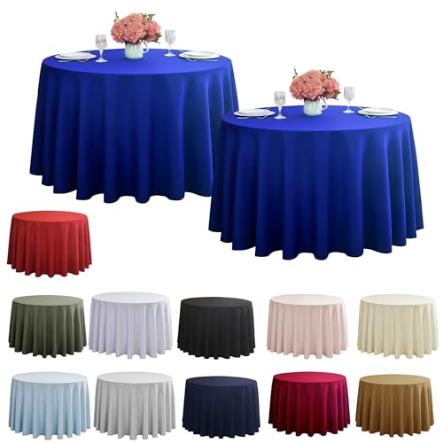 Image of 2-Pack Round 120-inch Royal Blue Table Cloths, Solid Stain and Wrinkle Resistant Circular Tablecloth, Premium Plain Weave Polyester Fabric Table Linen Covers for Hotel, Banquet