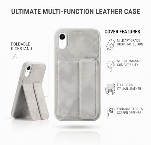 Image of amazon basics Luxury Vegan Leather Back Cover for iPhone XR | Built-in Card Holder Slot | Integrated Mobile Stand | Slim Shockproof Protective Case with Stitched Finish - Gray