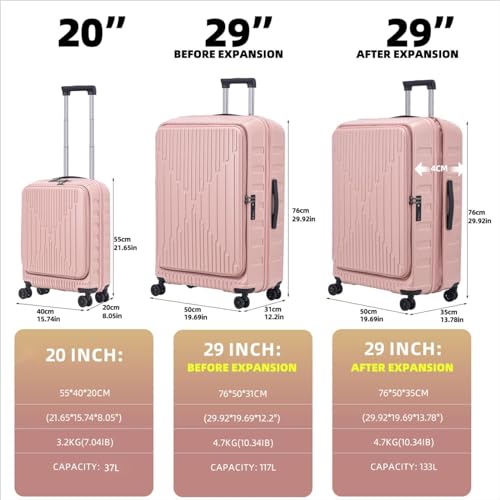Image of Kaleenie 2 Pieces 20 /29 Luggage Sets, 20 Inch Cabin Luggage with Front Pocket & 29 Inch Side Opening Suitcase, Ligthweight ABS+PC Hardshell, Pink