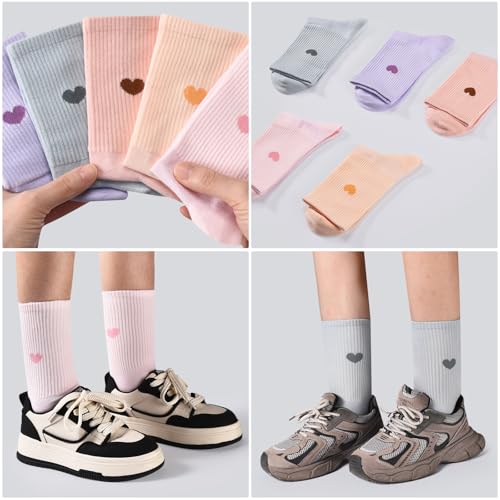 Image of Corlap Women's Cotton Crew Calf Socks - 5 Pairs Ankle High Dress Casual Socks, Fun Cute Heart Gifts for Mom Mother